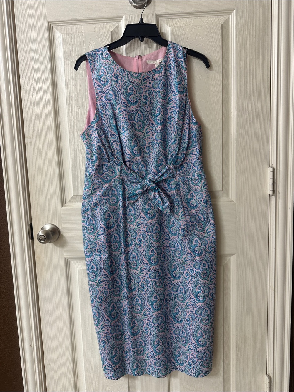 ANTONIO MELANI Pink & Teal Paisley Tie-Front Sheath Dress